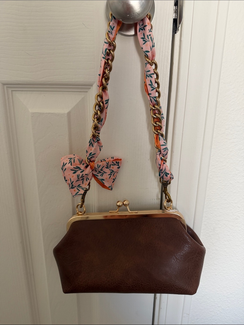Brown Mini Frame Bag with Pink Floral Scarf Strap